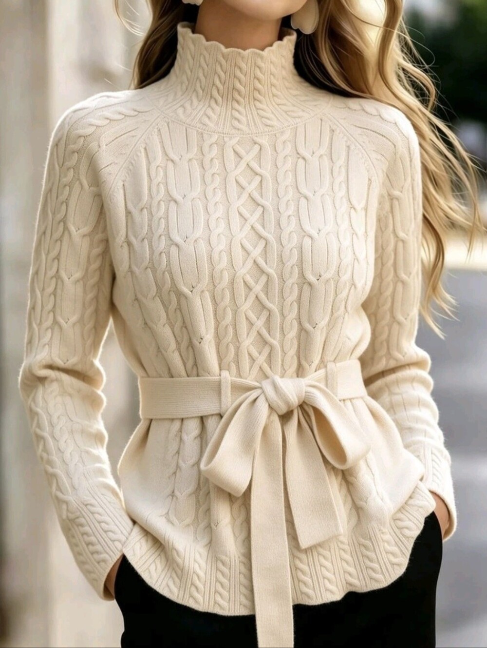 Women's Vintage Lazy Style Half-High Neck Bow Tie Waist-Cinching Loose Raglan